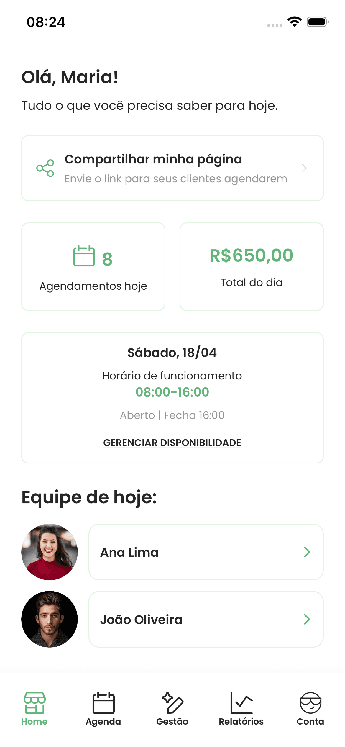 Painel da empresa no app